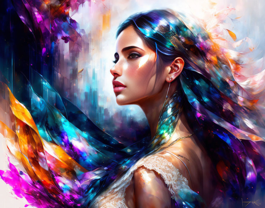 Colorful Abstract Digital Painting of Woman with Flowing Hair