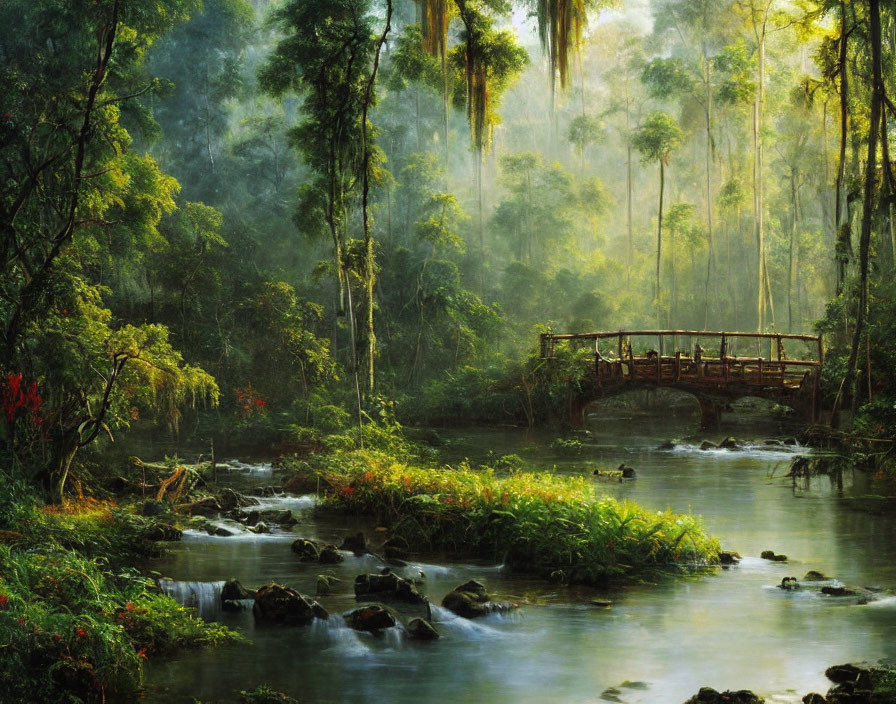 Tranquil forest landscape with stream, greenery, wooden bridge, and sunlight rays