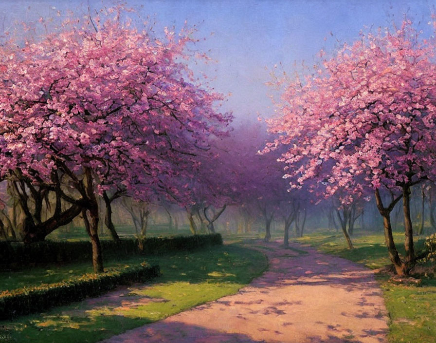 Tranquil path with blooming cherry trees in serene landscape