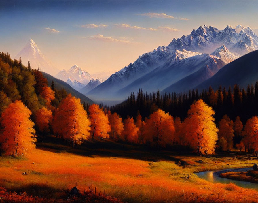 Vibrant orange trees, meandering river, snow-capped mountains in autumn landscape