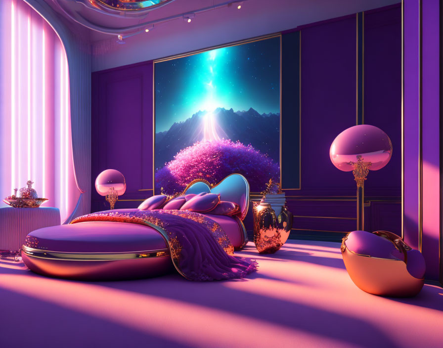 Luxurious Room with Futuristic Couch and Cosmic Night Sky View