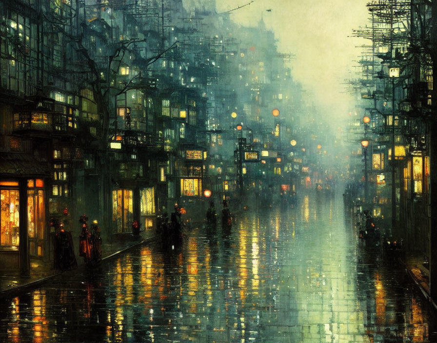 Rain-soaked street at dusk with glowing lanterns and silhouetted figures