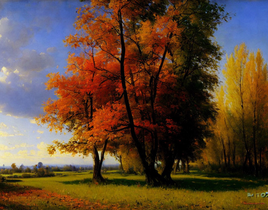 Vibrant autumn landscape with red and orange trees under a blue sky