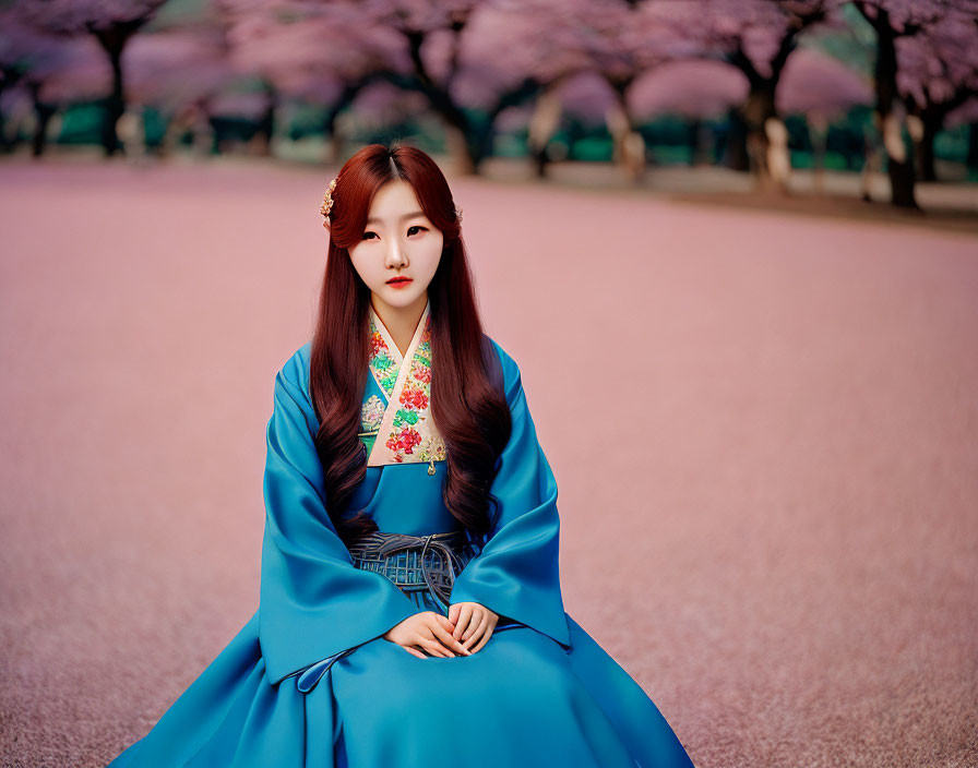 Traditional Blue Hanbok Worn by Woman Among Pink Cherry Blossom Trees