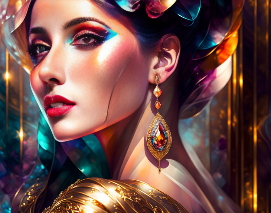 Colorful digital artwork: Woman with striking makeup and ornate jewelry