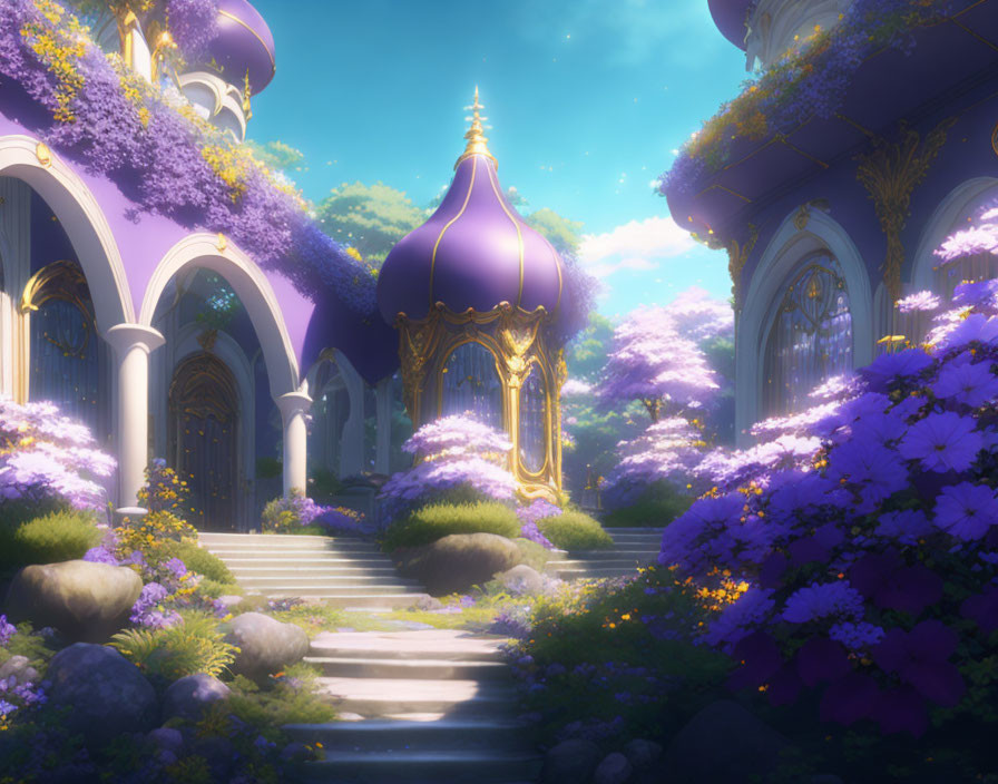 Enchanting palace with golden spires and purple foliage under magical light