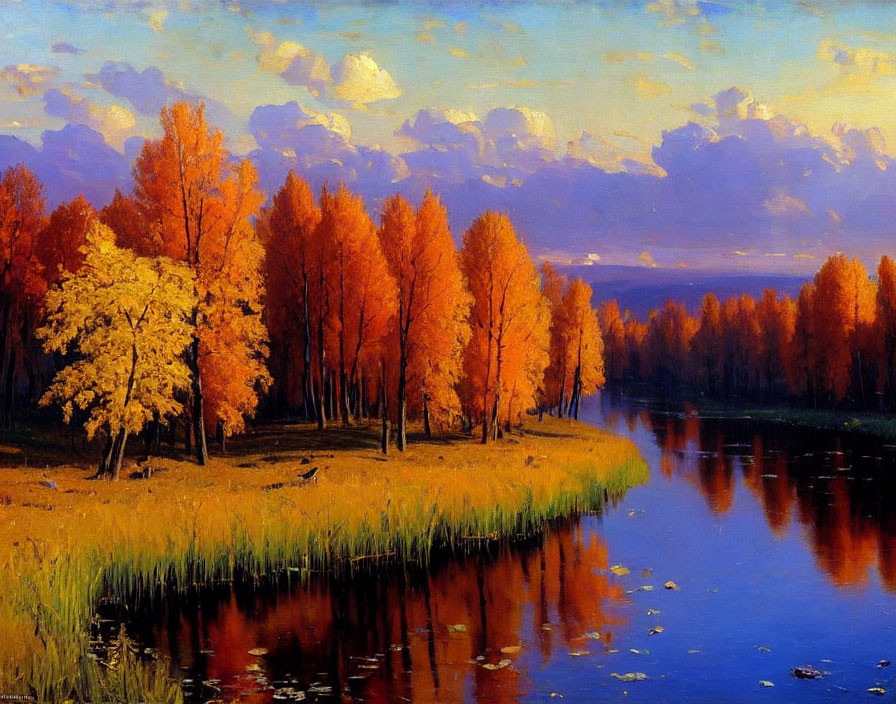 Tranquil autumn landscape: vibrant trees, calm river, blue sky