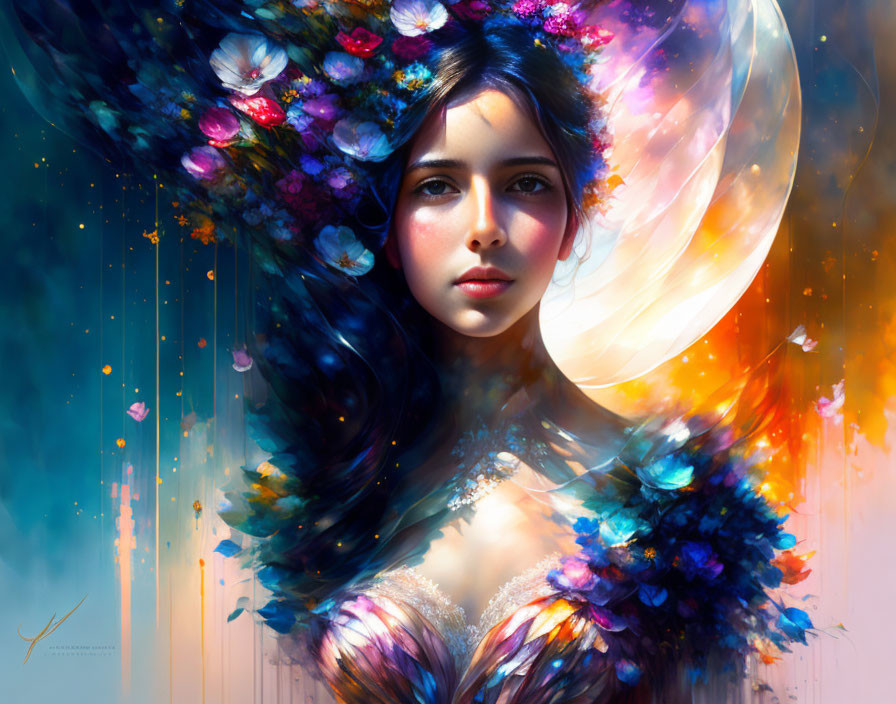 Colorful digital artwork: Woman with floral hair and light effects in whimsical setting