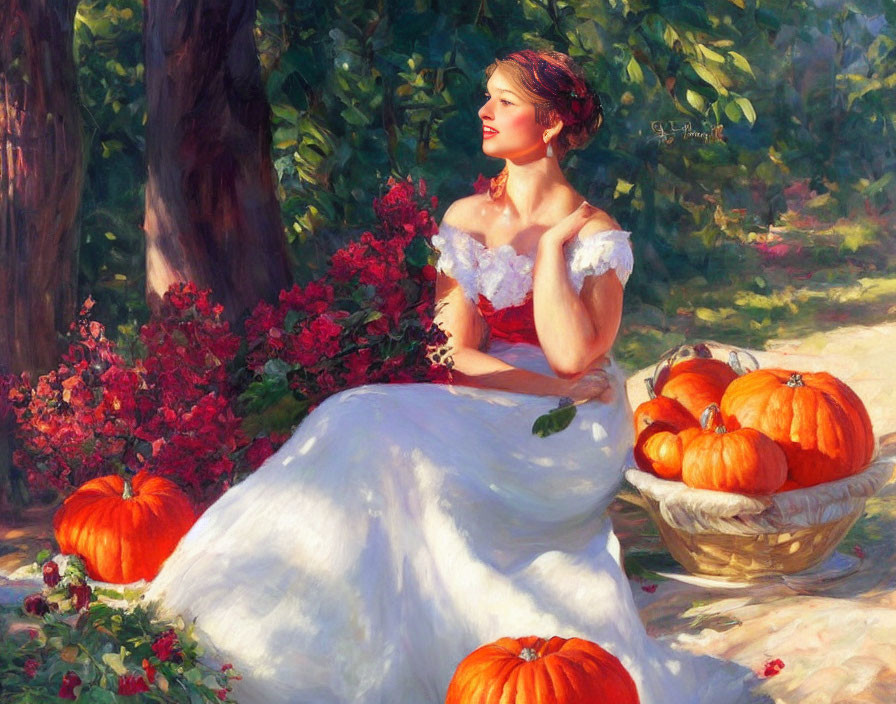 Woman in White Gown Among Pumpkins and Red Flowers in Sunlit Garden