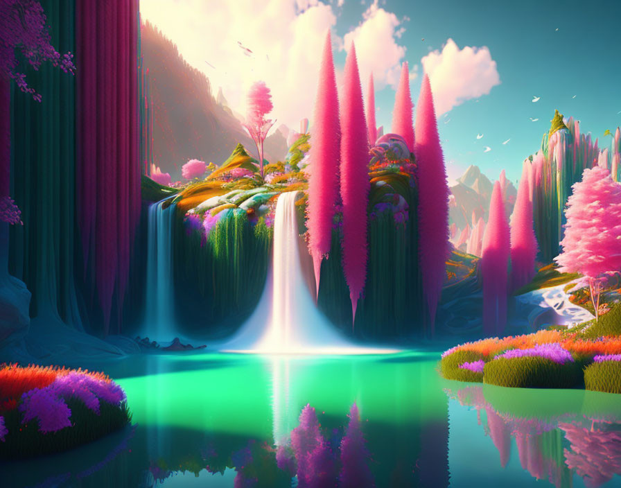 Colorful Fantasy Landscape with Pink Foliage, Towering Waterfalls, and Turquoise Lakes