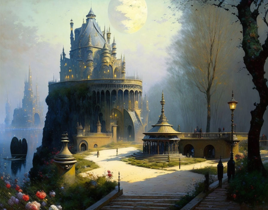 Fantastical landscape with grand castle, full moon, couple walking to gazebo