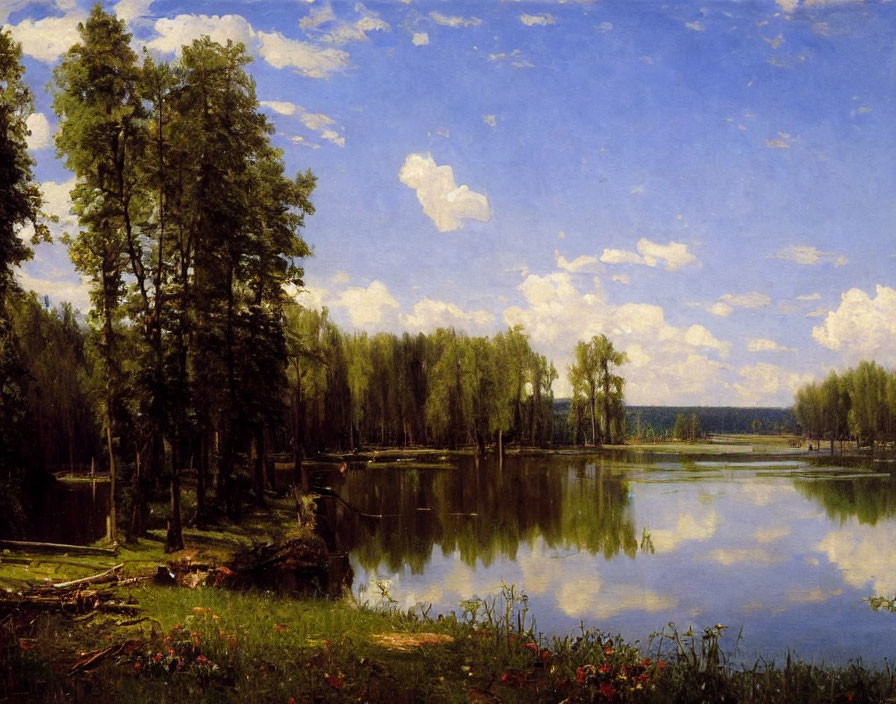 Tranquil forest lake scene with tall trees and red flowers