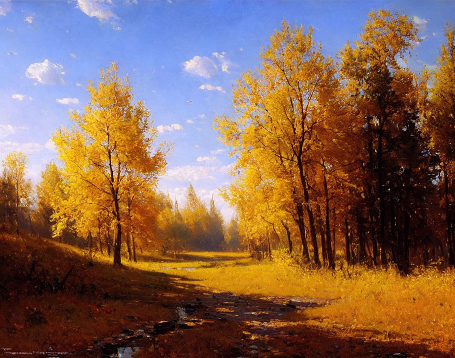 Golden-yellow Trees in Sunlit Autumn Landscape