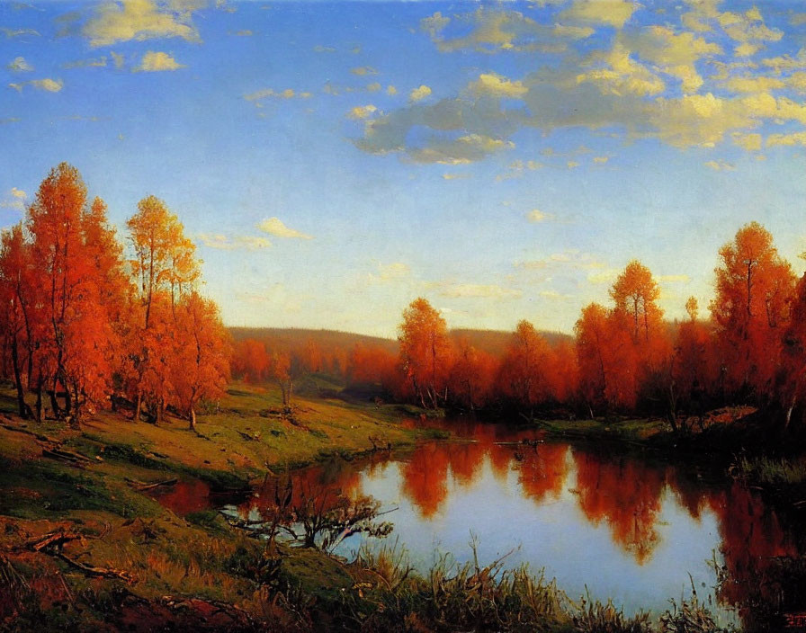 Vibrant Autumn Landscape: Orange Trees, River Reflections, Sunset Sky