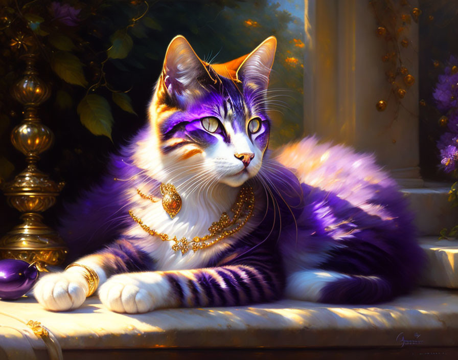 Majestic cat with purple stripes and gold accessories on bench