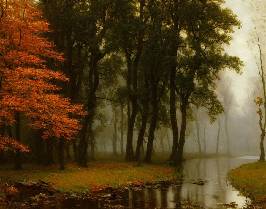 Tranquil autumn landscape with orange tree by misty stream