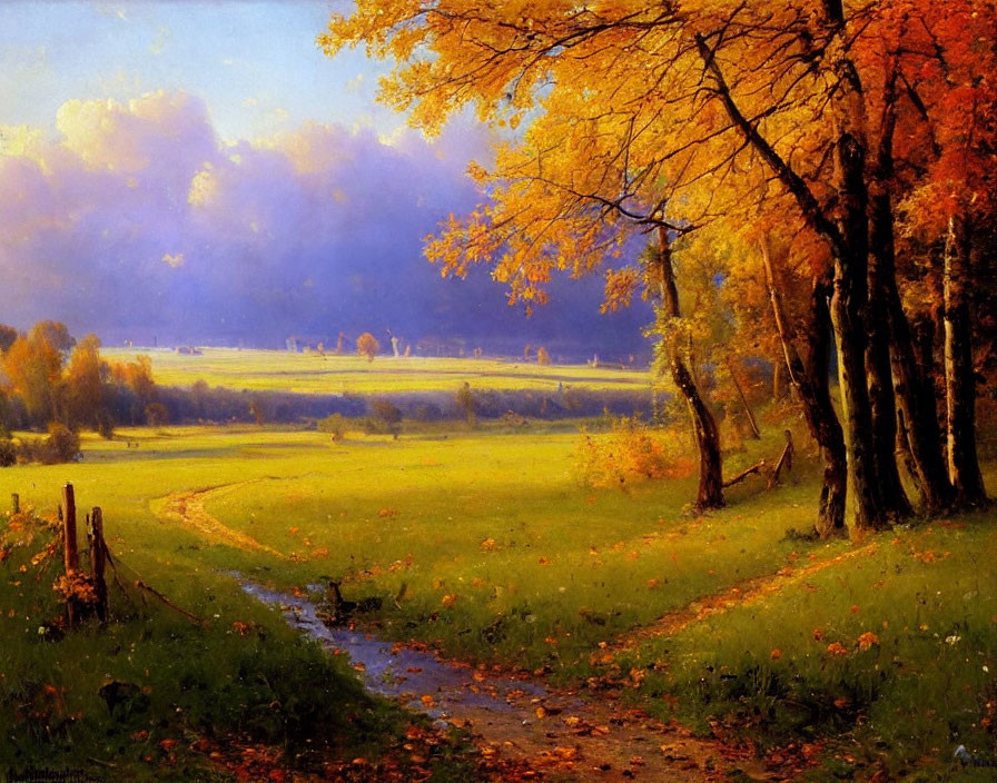 Golden trees and grassy path in vibrant autumn landscape