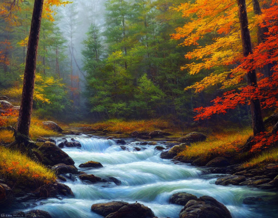 Tranquil autumn forest with colorful leaves, rushing stream, misty ambiance