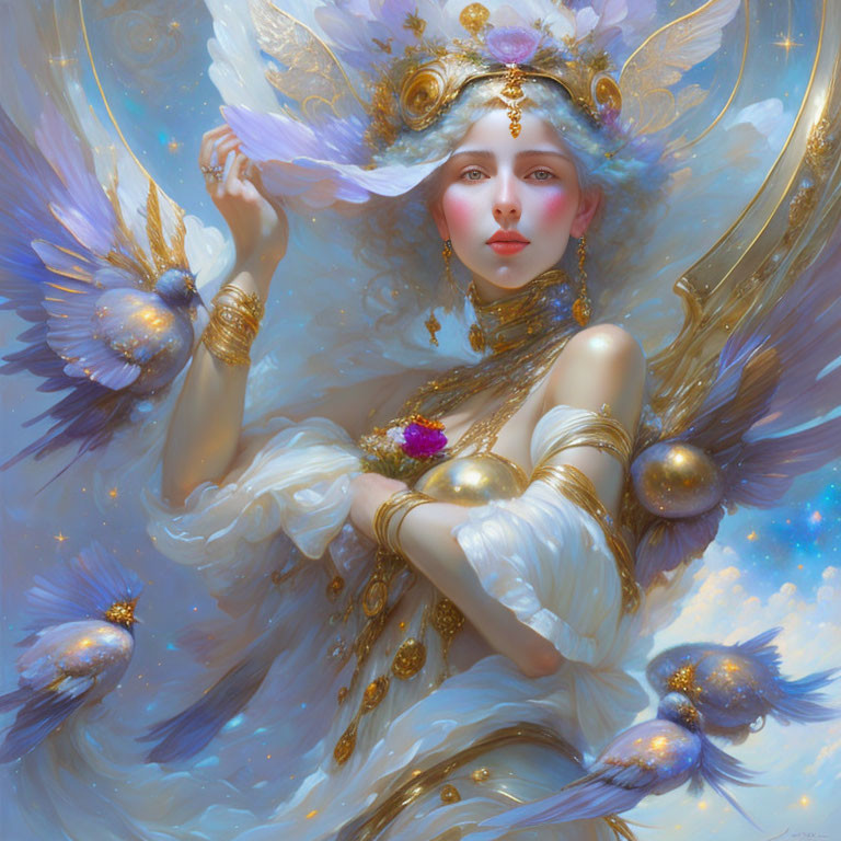 Ethereal woman with gold jewelry and butterflies in cosmic setting