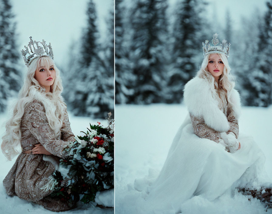 Woman in queen costume with crown in snowy landscape holding bouquet