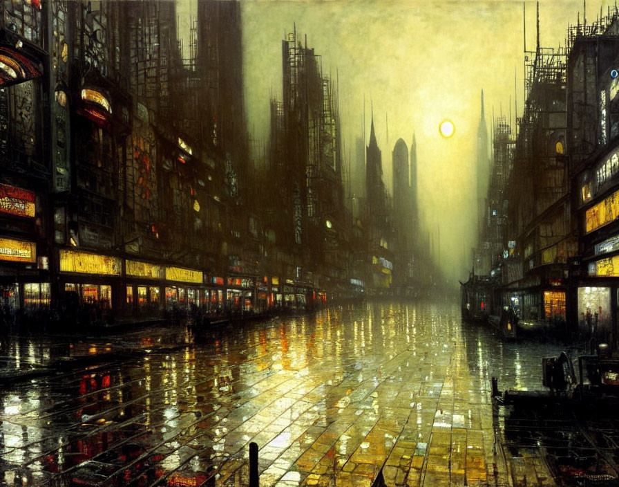 Dystopian cityscape at dusk with rain-soaked streets and neon signs