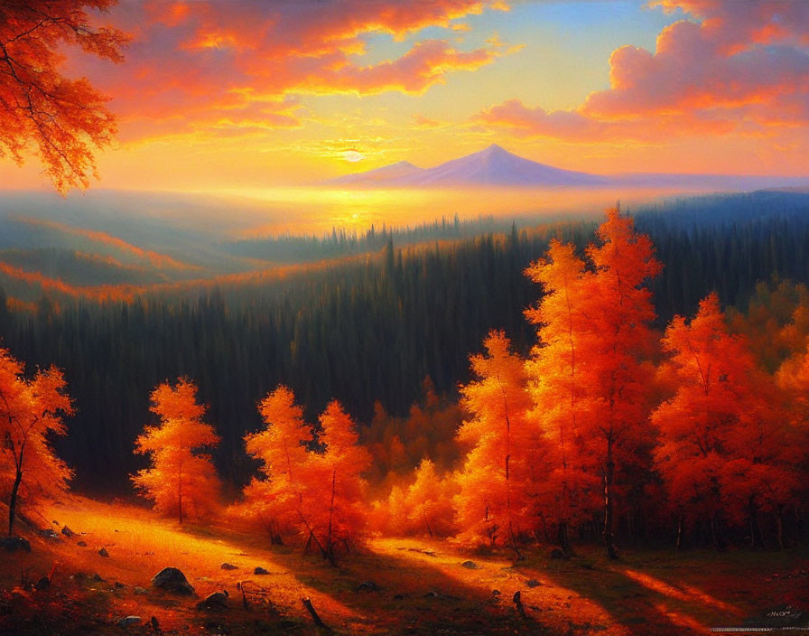 Colorful landscape with sunset sky, mountain, and forest view