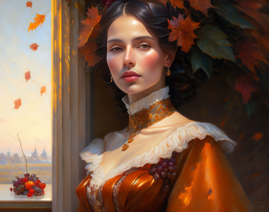 Woman in regal orange dress with autumn leaves and berries, serene expression near window with falling leaves