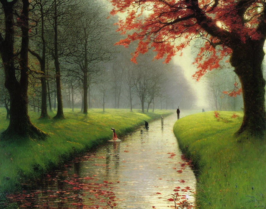 Tranquil river with red trees, green grass, and misty ambiance.