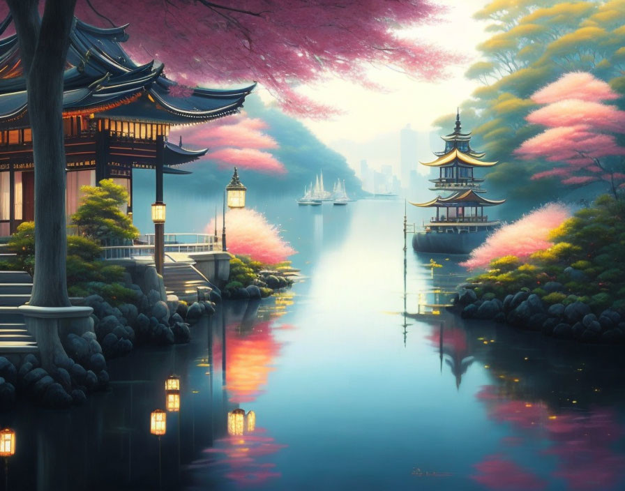 Tranquil Japanese landscape with cherry blossoms, river, boats, and city skyline