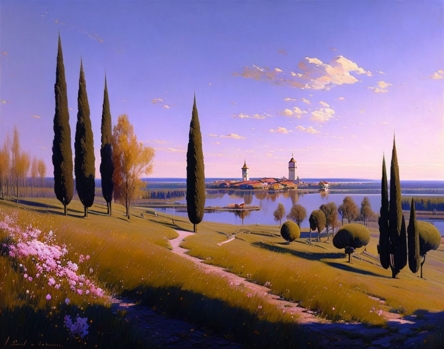 Lush landscape with cypress trees by lake at twilight