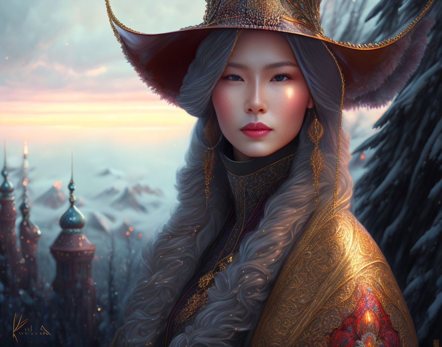 Digital portrait of woman with Asian features in golden hat and robe, snowy landscape & castle.