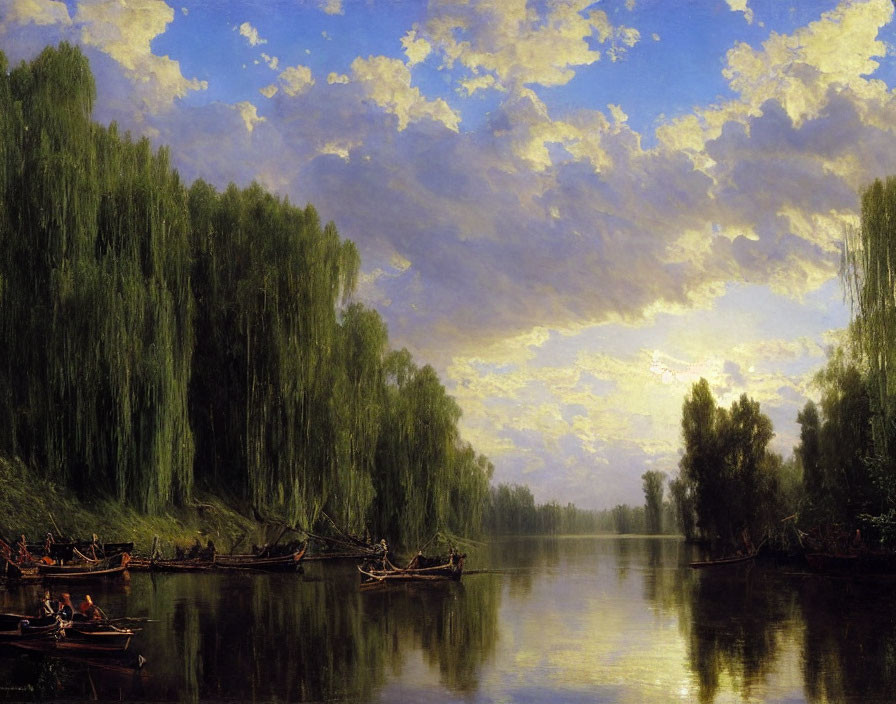 Tranquil river landscape with rowboats and weeping willows at sunset