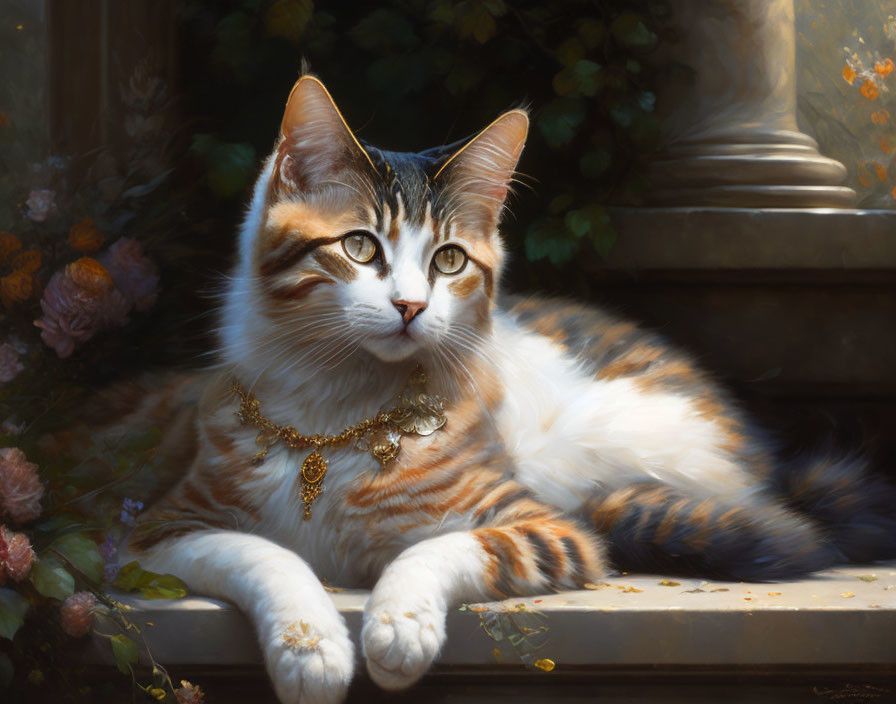 Graceful cat with striking fur patterns and gold necklace in elegant floral setting