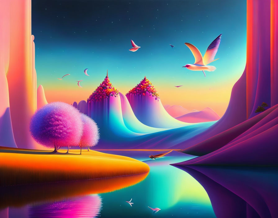 Colorful Mountains, Glowing River, Lone Tree: Surreal Fantasy Landscape