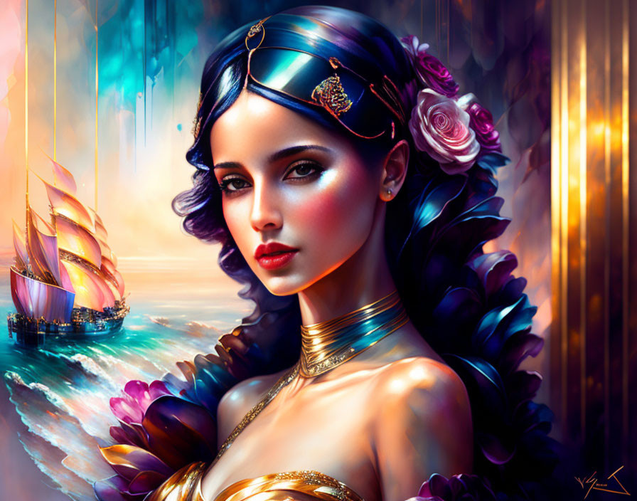 Digital art portrait of woman in exotic attire with nautical theme.