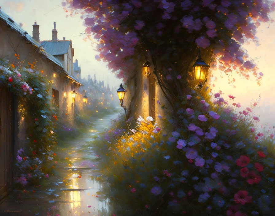 Tranquil cobblestone lane with glowing street lamps and lush bushes at twilight