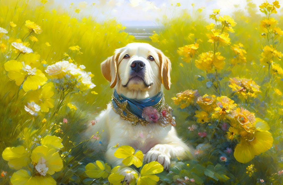 Happy dog in blue scarf amidst yellow and white flowers under serene sky