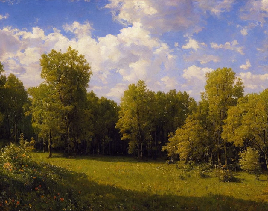 Tranquil landscape painting of lush meadow and leafy trees