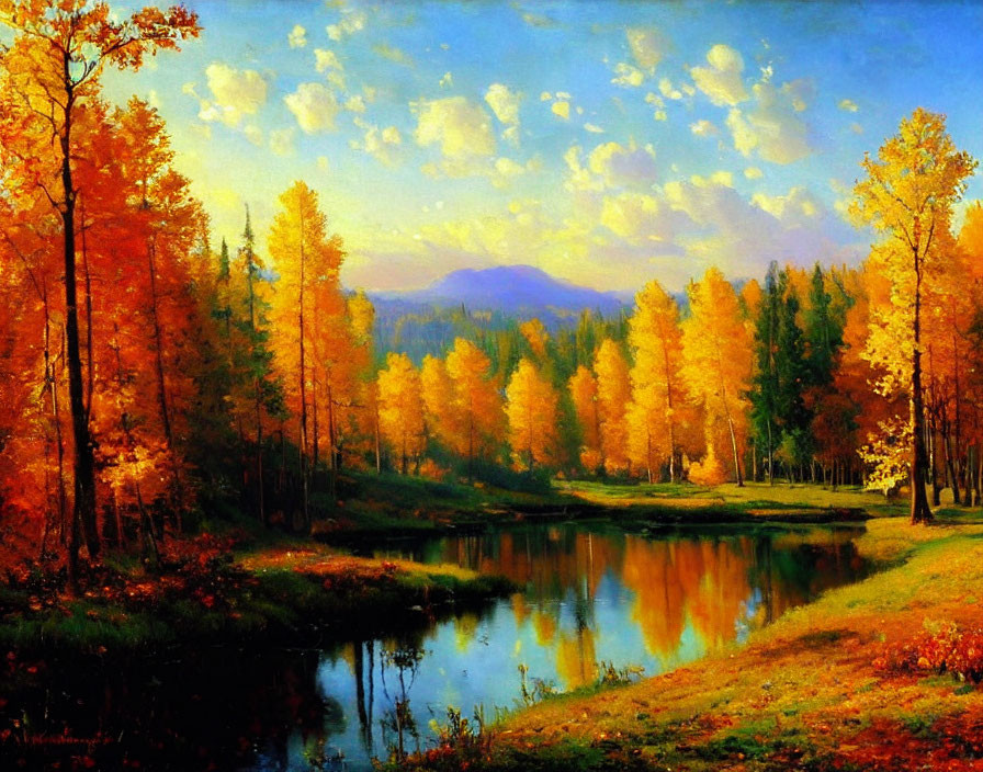 Scenic autumn landscape with golden trees by calm river