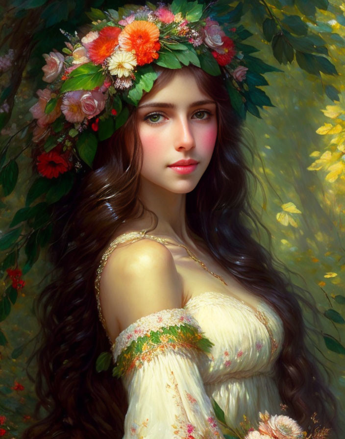 Woman portrait with floral wreath, wavy hair, off-shoulder dress in green foliage.