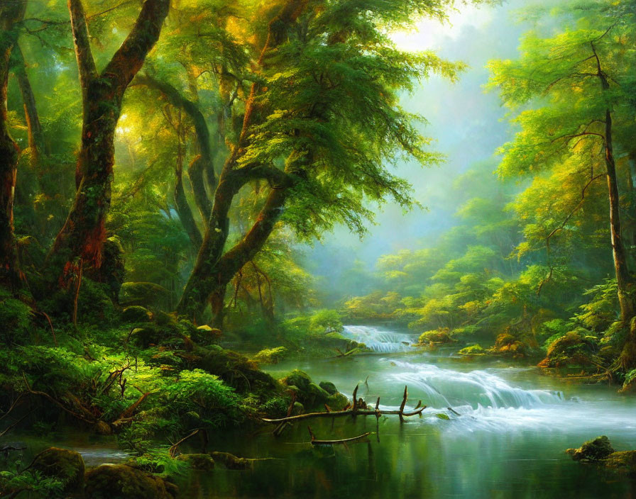 Tranquil stream in lush green forest with dappled sunlight