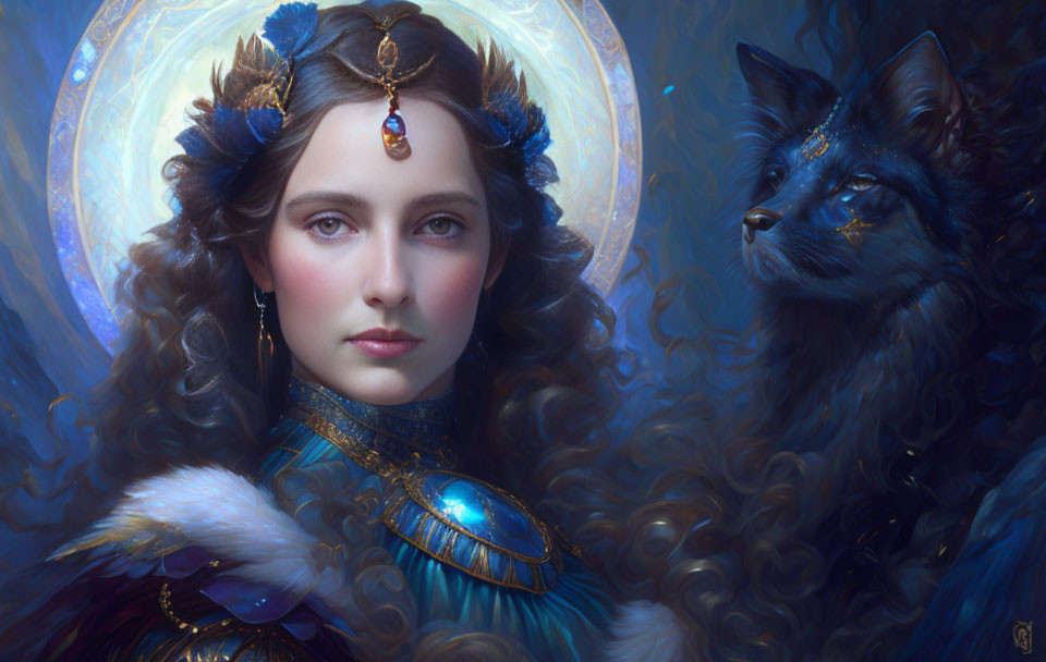 Mystical woman with ornate headdress and blue fox in dreamy setting