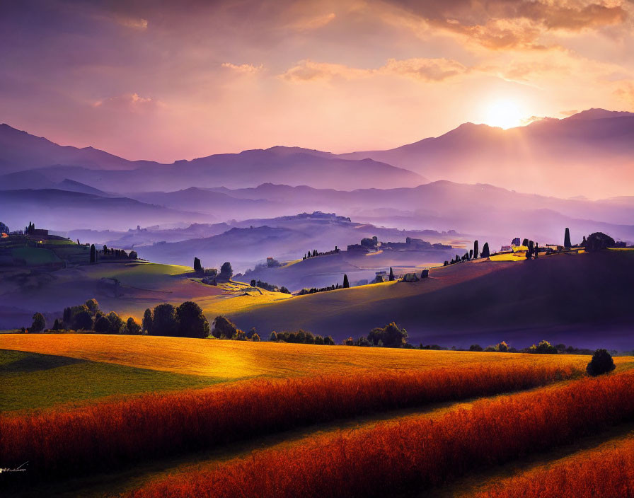 Vibrant sunrise landscape with rolling hills and orange sky