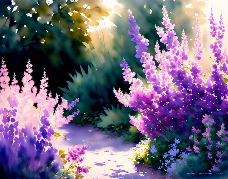 Vibrant purple flowers in a lush, dreamy forest scene