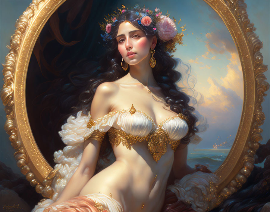 Elegant woman with floral crown and gold jewelry posing by ornate mirror