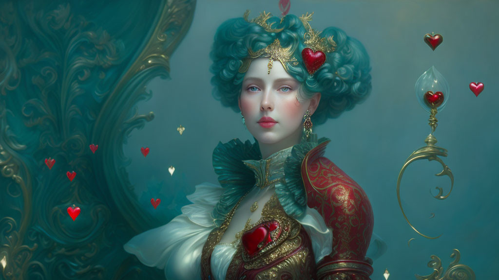 Victorian-inspired woman with blue hair and heart ornaments in elegant attire among floating red hearts on soft blue