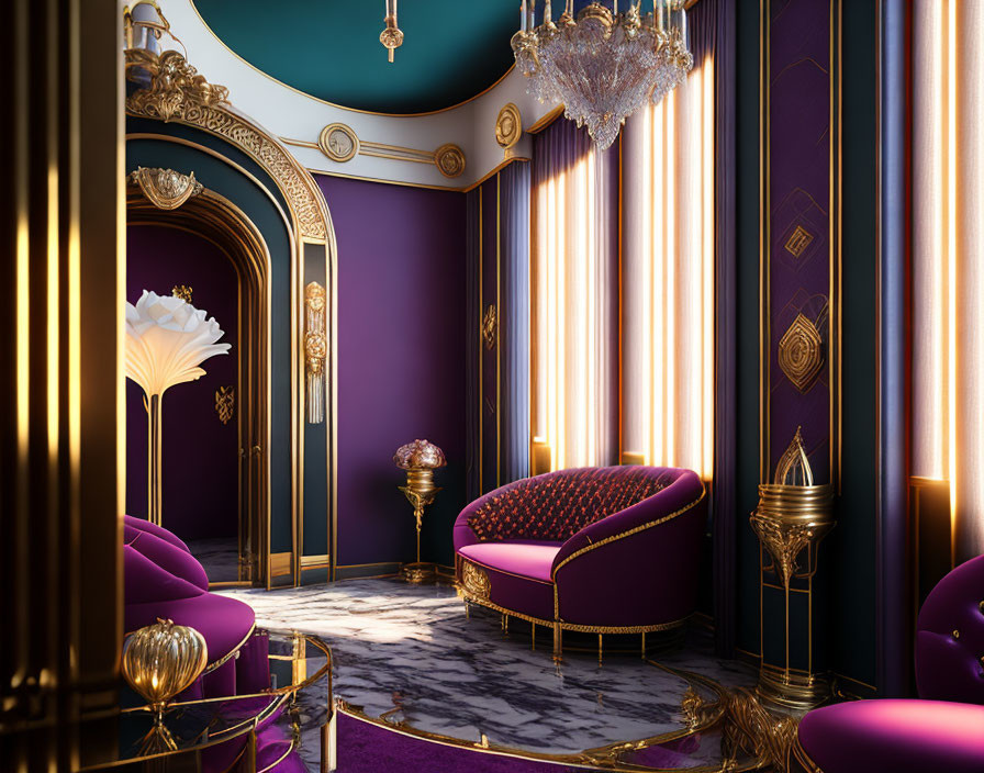 Luxurious Purple and Gold Room with Velvet Chaise Lounge and Ornate Chandelier