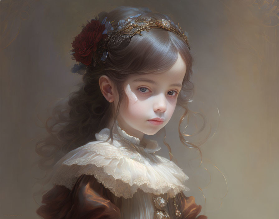 Young girl in vintage dress with large eyes and golden tiara featuring red flowers gazes pensively.