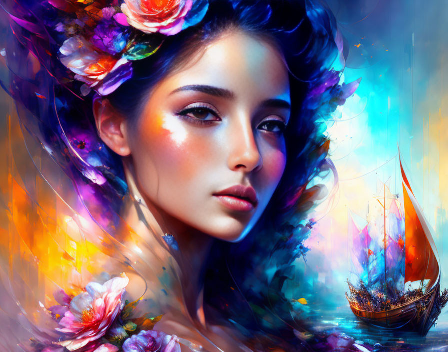 Colorful digital artwork: Woman with floral hair adornments, abstract elements, miniature sailboat.