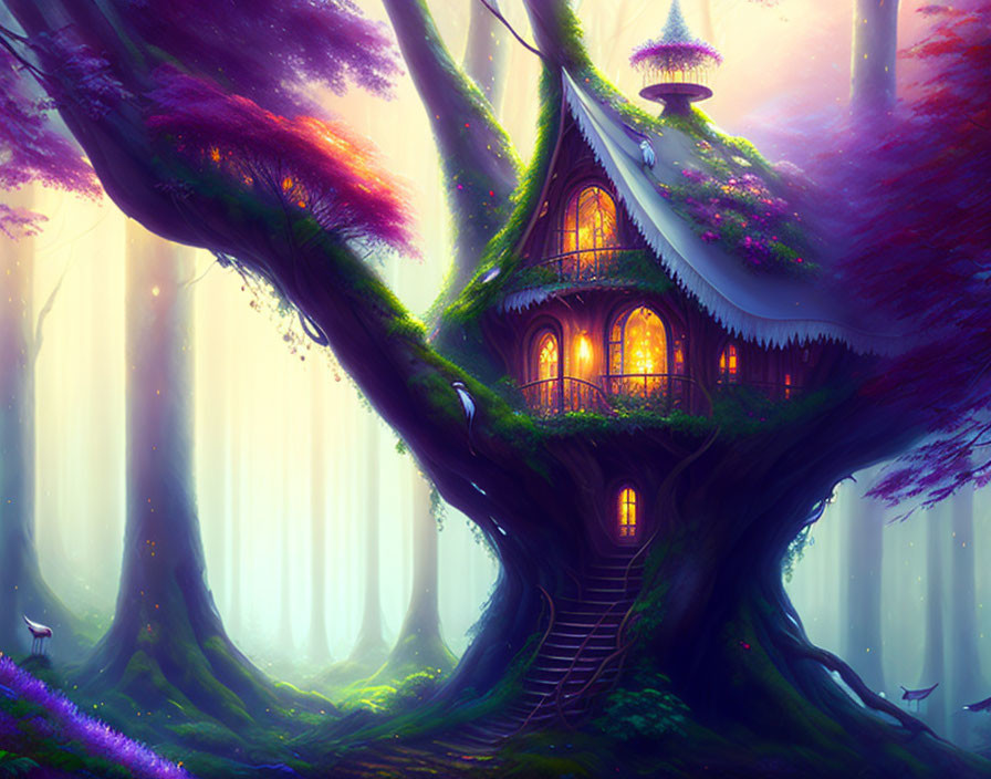 Enchanting treehouse in mystical forest with glowing windows